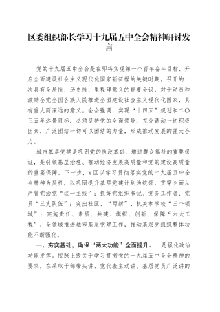 区委组织部长学习十九届五中全会精神研讨发言