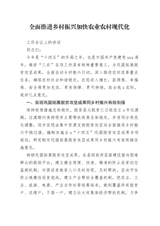 全面推进乡村振兴加快农业农村现代化工作会议上的讲话
