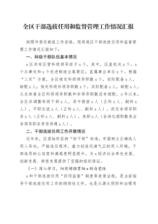 全区干部选拔任用和监督管理工作情况汇报