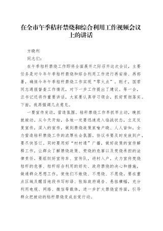 全市秸秆禁烧和综合利用工作视频会议上的讲话