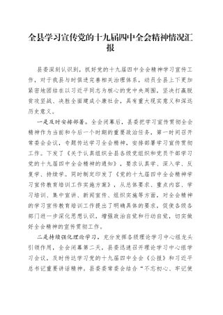 全县学习宣传党的十九届四中全会精神情况汇报