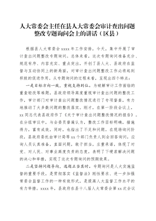 人大常委会主任在县人大常委会审计查出问题整改专题询问会上的讲话