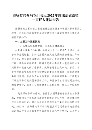 市场监管分局党组书记2022年度法治建设第一责任人述法报告
