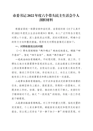 市委书记2022年度六个带头民主生活会个人剖析材料