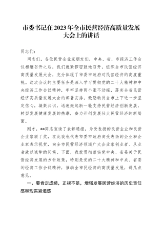 市委书记在2023年全市民营经济高质量发展大会上的讲话
