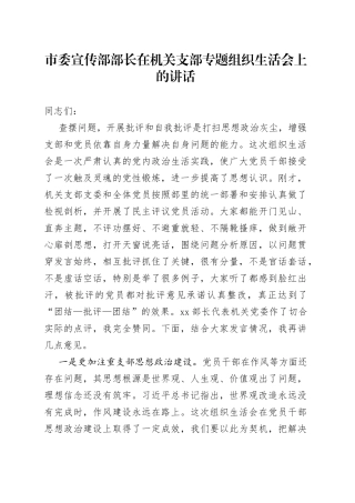 市委宣传部部长在机关支部专题组织生活会上的讲话（1）