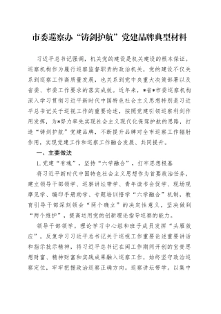 市委巡察办“铸剑护航”党建品牌典型材料