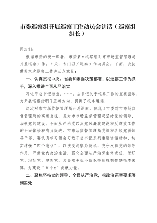 市委巡察组开展巡察工作动员会讲话（巡察组组长）