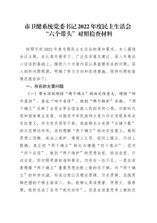 市卫健系统党委书记2022年度民主生活会“六个带头”对照检查材料