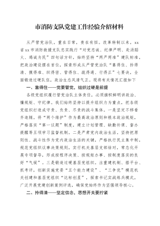 市消防支队党建工作经验介绍材料