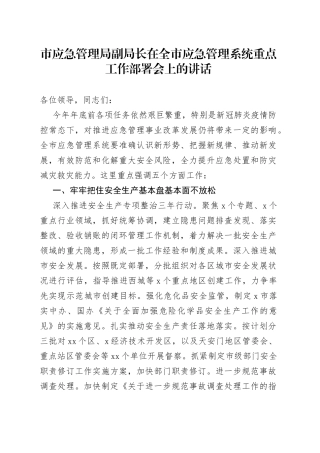 市应急管理局副局长在全市应急管理系统重点工作部署会上的讲话