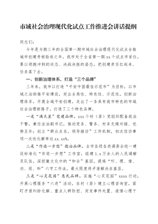 市域社会治理现代化试点工作推进会讲话提纲