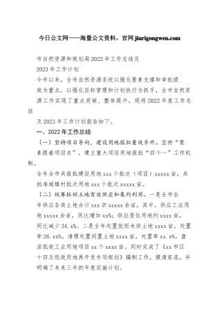 市自然资源和规划局2022年工作总结及2023年工作计划