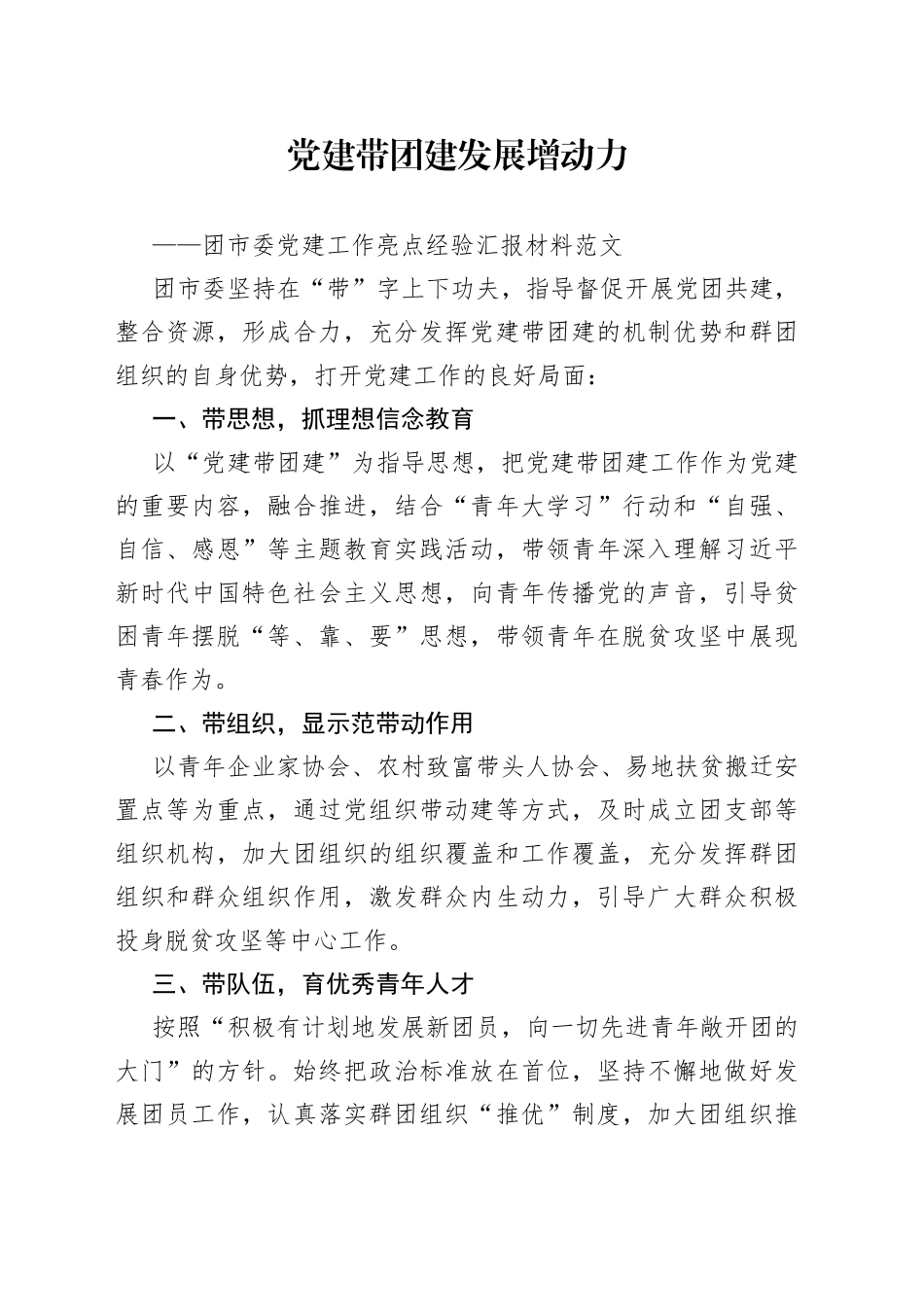 团市委党建工作亮点经验汇报材料_第1页