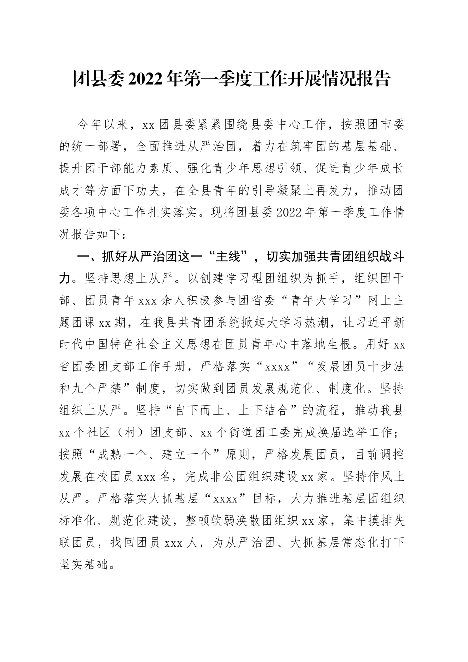团县委2022年第一季度工作开展情况总结报告_第1页