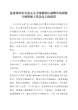 县委领导在全县五大专项整治行动暨中央环保专项督察工作会议上的讲话