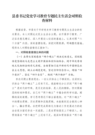 县委书记党史学习教育专题民主生活会对照检查材料