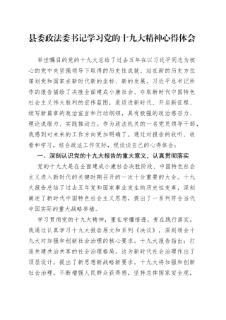 县委政法委书记学习党的十九大精神心得体会