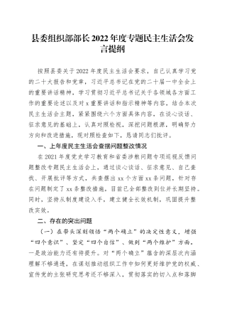 县委组织部部长2022年度专题民主生活会发言提纲