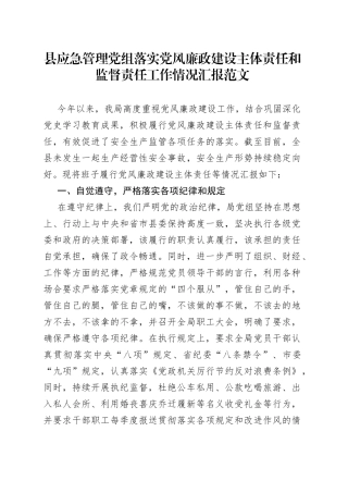 县应急管理党组落实党风廉政建设主体责任和监督责任工作情况