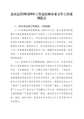县应急管理局四年工作总结和未来五年工作谋划