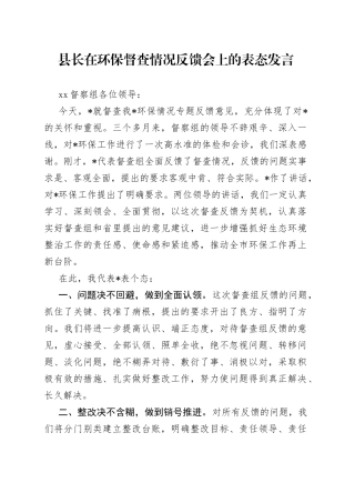 县长在环保督查情况反馈会上的表态发言