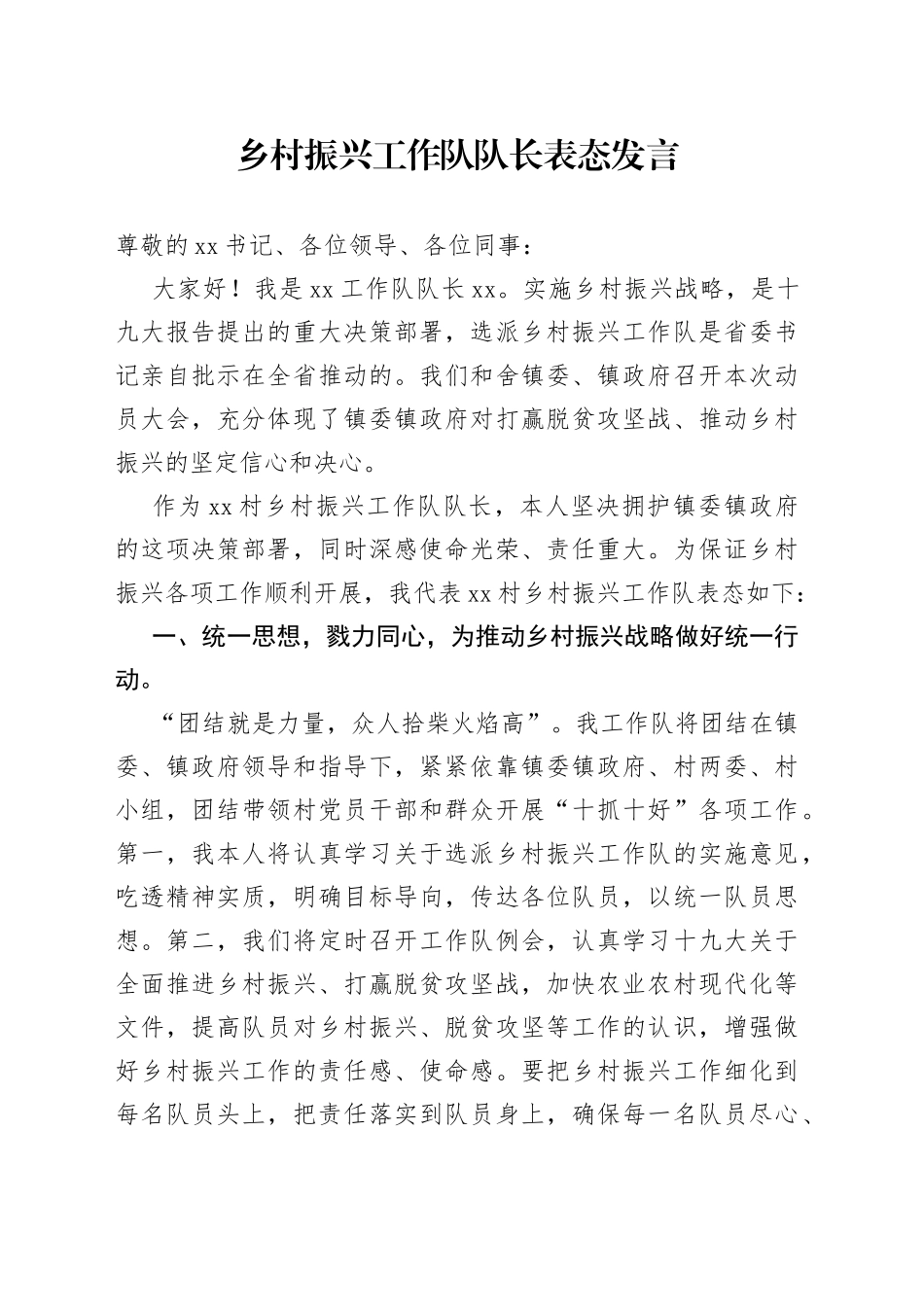 乡村振兴工作队队长表态发言_第1页