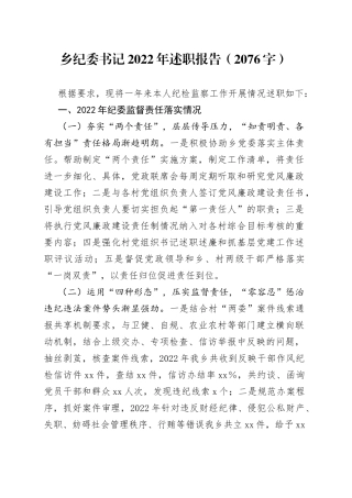 乡纪委书记2022年述职报告（2076字）