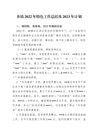 乡镇2022年特色工作总结及2023年计划