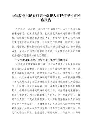 乡镇党委书记履行第一责任人责任情况述责述廉报告