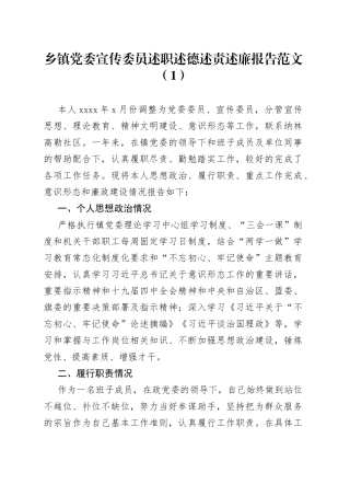 乡镇党委宣传委员述职述德述责述廉报告