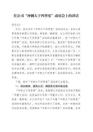 在公司“冲刺大干四季度”动员会上的讲话