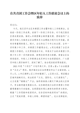 在共青团工作会暨区年轻人工作联席会议上的致辞（1）