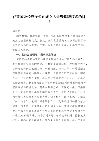 在某国企控股子公司成立大会暨揭牌仪式的讲话