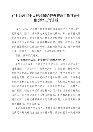 在七台河市中央环境保护督查整改工作领导小组会议上的讲话