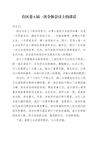 在区委X届一次全体会议上的讲话
