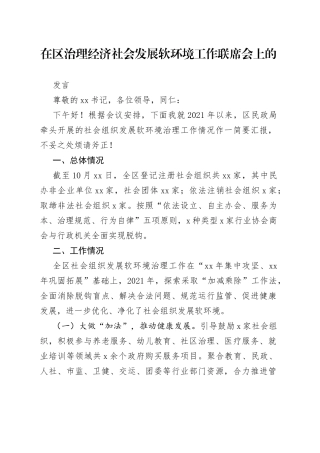 在区治理经济社会发展软环境工作联席会上的发言