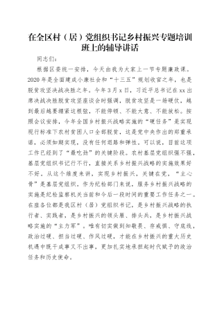 在全区村（居）党组织书记乡村振兴专题培训班上的辅导讲话