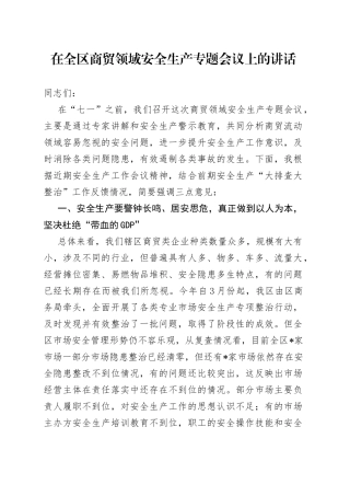 在全区商贸领域安全生产专题会议上的讲话