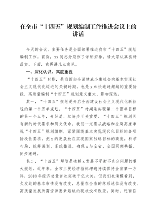 在全市“十四五”规划编制工作推进会议上的讲话（1）
