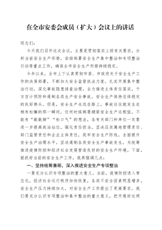 在全市安委会成员（扩大）会议上的讲话
