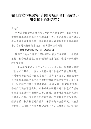 在全市殡葬领域突出问题专项治理工作小组会议上的讲话范文（整治，市级）