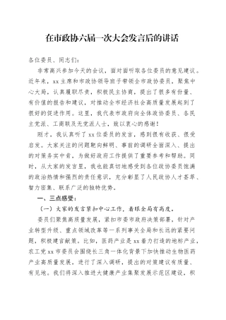 在市政协六届一次大会发言后的讲话