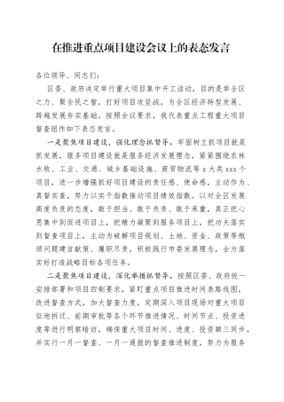 在推进重点项目建设会议上的表态发言