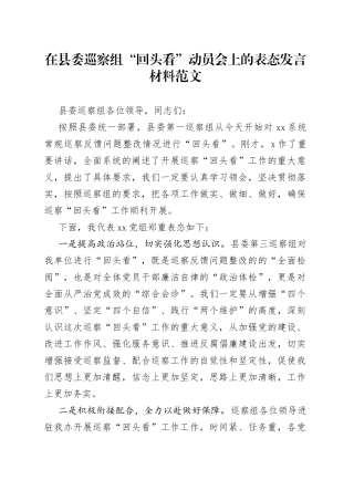在县委巡察组回头看动员会上的表态发言材料
