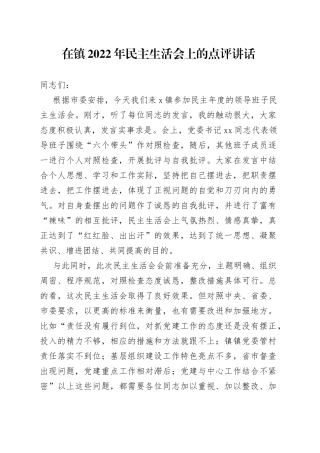 在镇2022年民主生活会上的点评讲话
