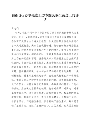 在指导党工委专题民主生活会上的讲话