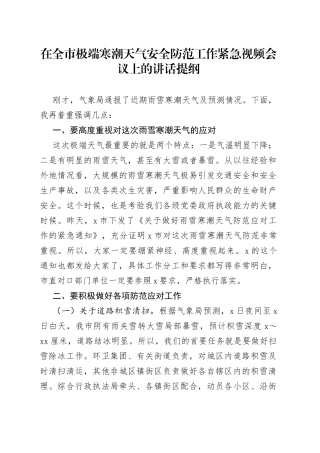 在全市极端寒潮天气安全防范工作紧急视频会议上的讲话
