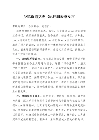 乡镇街道党委书记任职表态发言