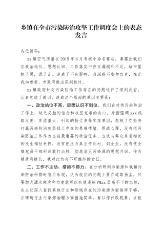 乡镇在全市污染防治攻坚工作调度会上的表态发言（1）